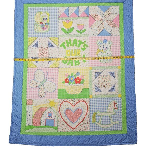 Baby Bed Comforter Blanket  "Thats Our Baby" Patchwork Butterfly Bear Heart Vtg - Picture 7 of 8